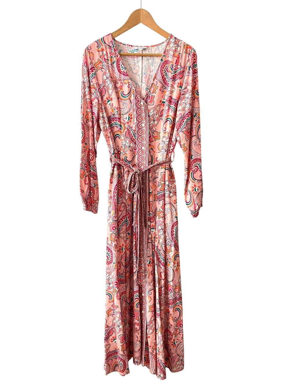 Venus Pink Paisley Boho Linen Long Sleeve Belted Maxi Dress Size 12 - Picture 3 of 9